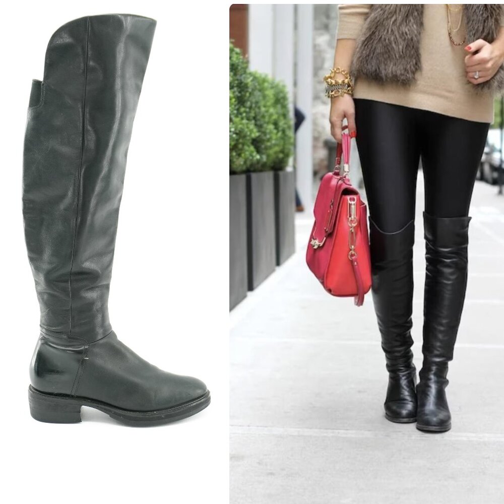 Boots Size 9 Vintage OTK Tall Black Leather Thigh High Moto Flat Boots sz. 9